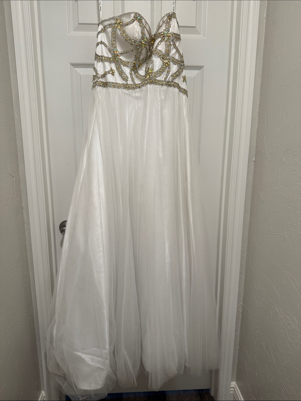 Party Time Formals White Strapless Prom Dress with Gold Beading